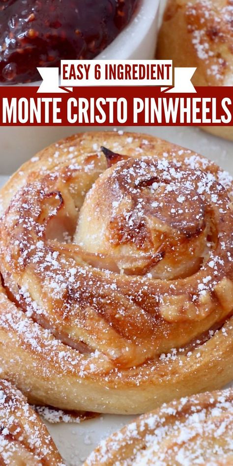 monte cristo rolls on a plate topped with powdered sugar Monte Cristo Pinwheels, Ham Appetizers, Brunch Finger Foods, Crescent Roll Recipes Dinner, Crescent Roll Appetizers, Crescent Roll Crust, Canned Biscuit, Ham And Cheese Pinwheels, Fast Easy Dinner