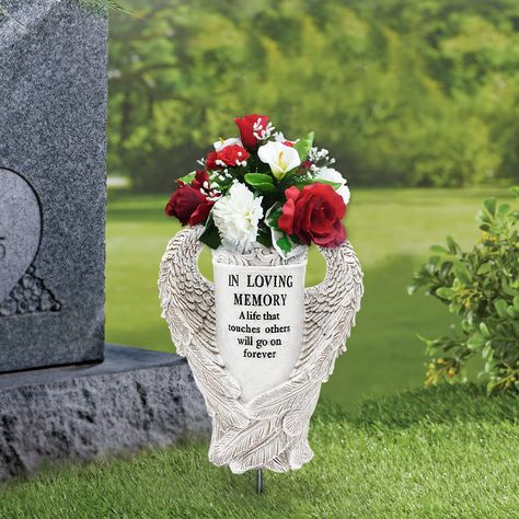 PRICES MAY VARY. Cemetery Flowers Vases: Cemetery decorations for grave are lovely way to honor a loved one. The lovely sentiment reads, “In Loving Memory: A life that touches others will go on forever.” The design of the angel wings creates a beautiful, uplifting element. Commemorate your lover with our sympathy gift! Long-lasting Flower Vases: Made of resin and designed in a classic creamy white color, these grave decorations complement any natural surroundings and are able to withstand all ki Gothic Disney, Graveside Flowers, Cemetary Decorations, Memorial Vase, Cemetery Vases, Grave Flowers, Cemetery Decorations, Grave Decorations, Memorial Flowers