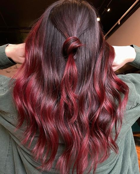 Red Burgandy Hair Balayage, Maroon Hair Balayage, Faded Out Red Hair, Burgundy Red Balayage, Red Hair Ombre Brown, Vibrant Red Balayage Hair, Cherry Red Hair With Dark Roots, Bright Red Balayage Hair Brunettes, Red Hair Colour Chart