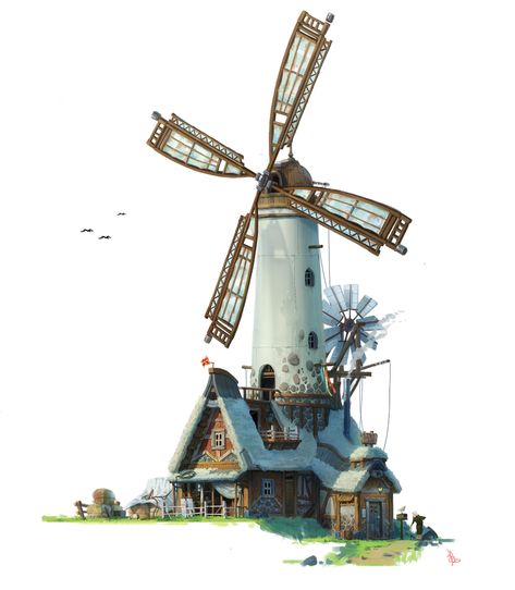 ArtStation - windmill tower, whinbek [휜백] Windmill Concept Art, Windmill Tower, Windmill Drawing, Western Architecture, Tree House Drawing, Windmill House, Art Deco Logo, Windmill Art, Cityscape Drawing