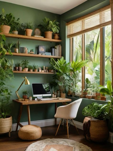 Green And Yellow Office, Botanical Home Office, Boho Bedroom Office Combo, Botanical Office Decor, Jungle Office, Rustic Home Office Ideas, Green Home Office, Spread Love Not Hate, Green Home Offices