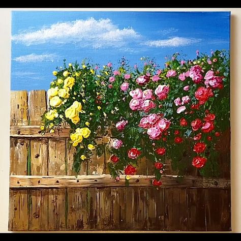 Flowers on Wooden Fence Acrylic Painting | flower, landscape, art, art of painting | Flowers on Wooden Fence Acrylic Painting #art #acrylic #painting #landscape #acrylicpainting #paintingtutorial | By El Drawing Arts Acrylic Painting Landscape, Flower Fence, Art Of Painting, Drawing Arts, Acrylic Painting Flowers, Fence Paint, Fence Landscaping, Landscape Art Painting, Painting Flower