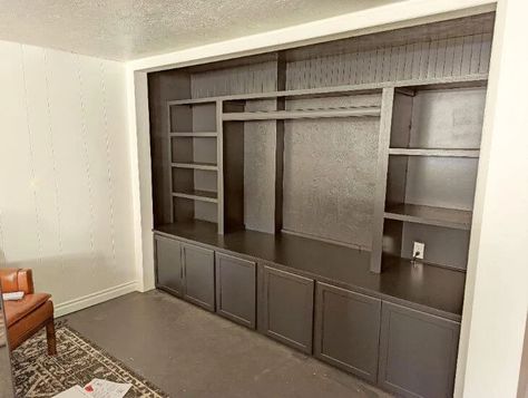 How to create a DIY Built-in Entertainment Center in a closet Narrow Entertainment Center, Diy Built In, Built In Entertainment Center, Diy Entertainment, Kitchen Base Cabinets, Light Blocking Curtains, Kitchen Wall Cabinets, Build A Wall, Brass Cabinet Knob