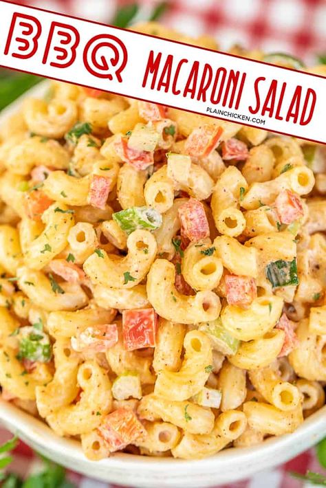 BBQ Macaroni Salad – seriously DELICIOUS! So simple, yet so amazing! Macaroni, red bell pepper, celery, green onions, cider vinegar, hot sauce, chili powder, cayenne, garlic, mayonnaise, and BBQ sauce. Can make ahead and refrigerate until ready to eat. Perfect for a summer potluck! Such an easy side dish recipe! #pastasalad #potluck #picnic #sidedish Easy Sides For Bbq Parties, Make Ahead Sides For Bbq, Bbq Macaroni Salad, Bbq Sides Dishes, Macaroni Sauce, Grill Dishes, Elbow Macaroni Recipes, Bbq Pasta Salad, Bbq Pasta