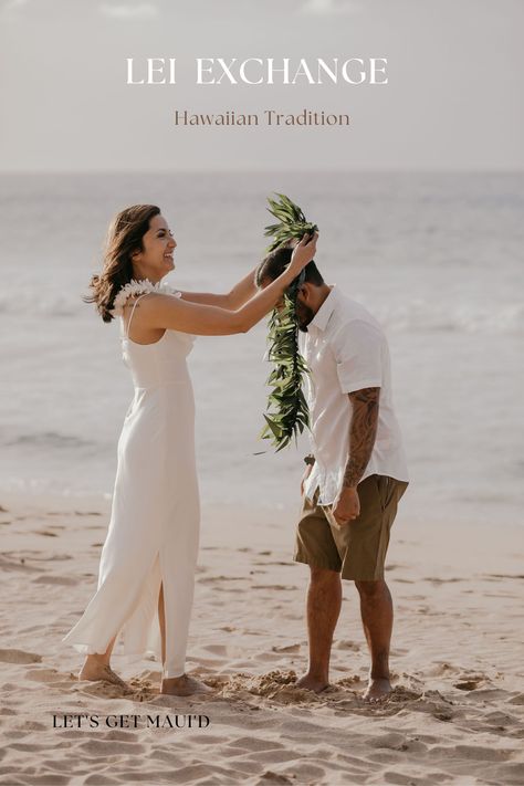 Exchanging leis it’s a symbol of love and commitment. Leis ceremonies at weddings may also include other family members, representing the union of the two families. The style of the lei exchange depends entirely on the bride and groom's preferences. Leis For Wedding, Wedding Leis Brides, Wedding Leis, Hawaiian Beach Wedding, Haku Lei Wedding, Hawaiian Wedding Traditions, Maui Vow Renewal, Maui Wedding, Haku Lei With Veil