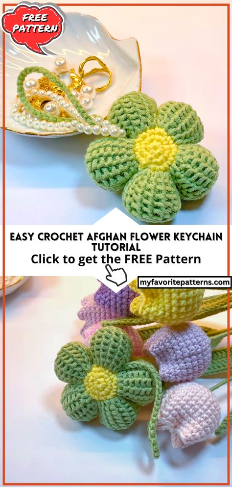 Easy Crochet Afghan Flower Keychain Tutorial Easy Amigurumi Patterns, Easy Crochet Afghan, Crochet Keyring Free Pattern, Crochet Craft Fair, Keychain Tutorial, Beginning Crochet, Amigurumi Keychain, Easy Amigurumi Pattern, Crochet Yarns