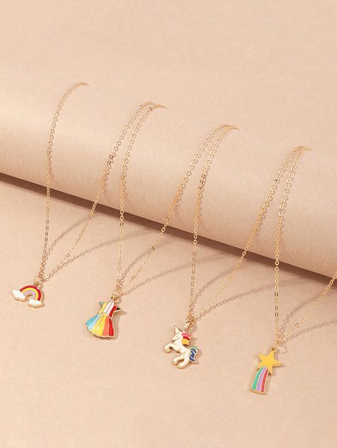 WARNING: CHOKING HAZARD-Small parts, not for children under 3 yrs.4pcs/Set Kids Cute Enamel Unicorn & Rainbow Pendant Necklace Set Multicolor Cute   Zinc Alloy  Pendant Necklaces   Kids Jewelry & Watches, size features are:Bust: ,Length: ,Sleeve Length: Rainbow Pendant, Necklace Combo, Unicorn Pendant, Kids Accessories Jewelry, Kids Necklace, Unicorn Rainbow, Girl Jewelry, Flower Hair Accessories, Cute Unicorn