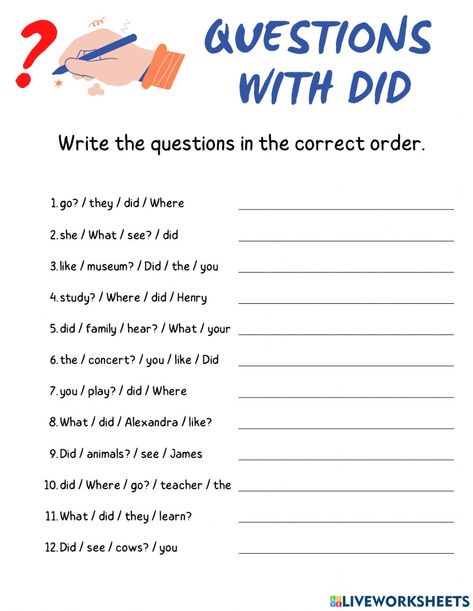 Past Simple Questions Worksheets, Wh Question Worksheet For Kids, Wh Questions Exercises, Improving English, English Grammar Exercises, Past Questions, Kids Questions, English Grammar For Kids, Simple Past