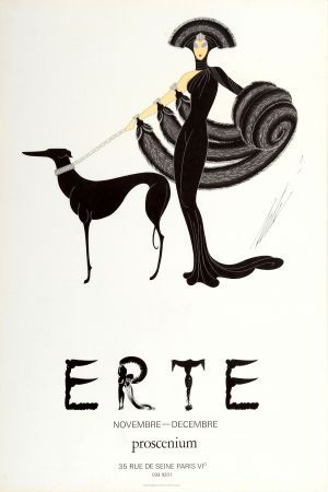 Erte Exhibition Art Deco 1968 - original vintage poster for exhibition of work by Erte (Romain de Tirtoff) listed on AntikBar.co.uk #Erte #Exhibition #ArtDeco #Fashion #Costume #Design #Theatre #Stage #Graphic #Art #Greyhound #Dog #Style #Gallery #Galerie #Paris #SundayStyle Costumes Design, Erte Art Deco, Erte Art, Romain De Tirtoff, Art Deco Illustrations, Greyhound Art, Art Deco Illustration, Art Deco Lady, Contour Drawing