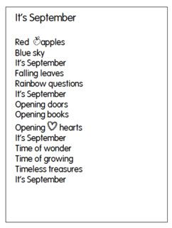 september poem for kids | September Poem September Poem, Kindergarten Poems, Draw Outline, School Portfolio, Poems About School, Math Songs, Autumn Poems, Kindergarten Songs, Poetry Journal