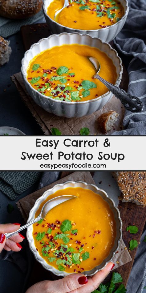 This Easy Carrot and Sweet Potato Soup is a delicious combination of onions, carrots, sweet potatoes and just a touch of spice. Not only is it delicious, but it’s packed with nutritional goodness, it counts as 3 of your 5 a day and only contains 219 calories! #soup #vegetablesoup #carrotsoup #sweetpotatosoup #carrotandsweetpotato #vegansoup #vegetariansoup #makeahead #fillthefreezer #weekdaylunch #officelunch #under500calories #easymidweekmeals #midweekmeals #easyrecipes #easypeasyfoodie Carrot And Sweet Potato Soup, Curried Parsnip Soup, Carrot And Sweet Potato, Sweet Potato Carrot Soup, Sweet Potato Soup Vegan, Carrots Sweet, Carrot And Coriander Soup, 5 A Day, Touch Of Spice