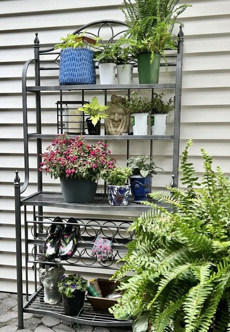 Diy Bakers Rack Ideas, Bakers Rack Decorating, Outdoor Bakers Rack, Decorating A Kitchen, Enclosed Front Porches, Kitchen Bakers Rack, Bakers Racks, Diy Awning, Condo Balcony