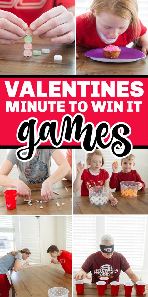 Kids and adults alike will love these conversation heart Valentines minute to win it games! They're easy to play, hilarious to watch, and inexpensive to setup! Perfect for Valentine's Day classroom parties, game nights, and family fun! via @playpartyplan Bridgerton Dresses, Classroom Valentines Party, Kids Valentine Party, Valentines Class Party, Valentine's Day Party Games, Valentine Party Game, Games For Kids Classroom, Kitchen 2020, Valentines Games