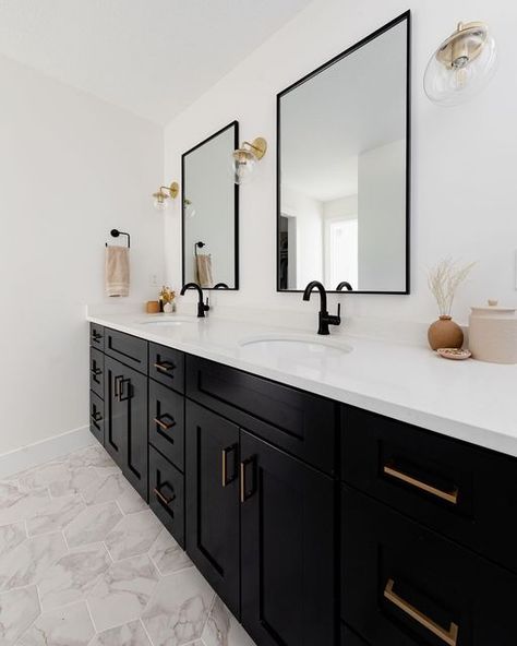 Luxury Marble Primary Bathroom 2022 Master Bath With Black Vanity, Alma Homes, Black Cabinets Bathroom, Marble Bathroom Floor, New Home Build, Luxury Service, Black Vanity Bathroom, Bathroom Oasis, Primary Bathroom