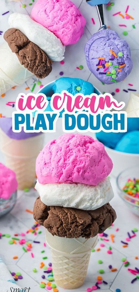 Ice cream play dough is edible, soft, and looks exactly like ice cream! Ice cream play dough is perfect for pretend play or as a kid-friendly craft. It’s fun for playing ice cream shop or sharpening fine motor skills. Make some of this DIY play dough and enjoy it with your kids. Diy Ice Cream Cart, Ice Cream Play Dough, Ice Cream Playdough, Ice Cream Dough, Edible Play Dough Recipe, Diy Play Dough, Ice Cream Play, Play Doh Ice Cream, Play Ice Cream