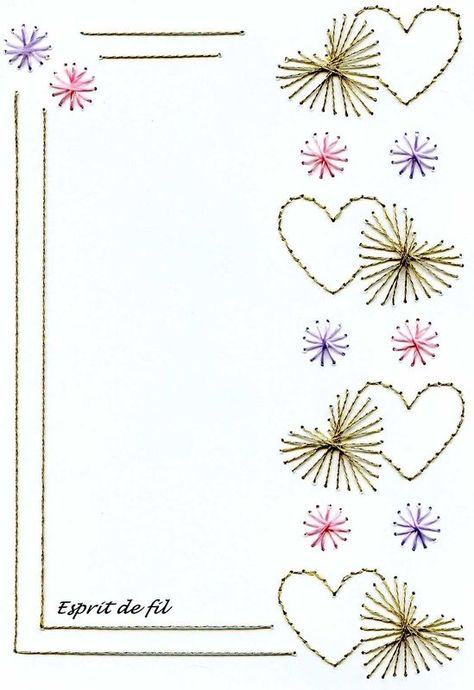 carte mariage Card Embroidery Patterns, Embroidery Cards Pattern, Embroidered Paper, Stitching On Paper, Card Stitching, Card Embroidery, Hand Embroidery Patterns Free, Stitched Cards, String Crafts