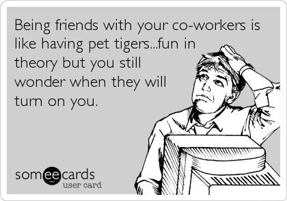 Being friends with your co-workers is like having pet tigers...fun in theory but you still wonder when they will turn on you. Thrown Under The Bus, Workplace Humor, Pet Tiger, Office Humor, Work Memes, Co Workers, The Bus, E Card, Work Humor