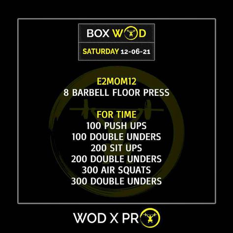 --------———————————————————————————— E2MOM12 8 Barbell floor press *Add load according to your capacity. _ For time 100 Push ups 100 Double unders 200 Sit ups 200 Double unders 300 Air squats 300 Double unders ---------------------------------------------------------------------- #wodxpro #wod #workoutoftheday #workoutmotivation #workoutoftheday #workouttime #workout #workoutplan #fitness #dailyworkout #exercise #tuesday #boxworkout #boxwod #crossfit #crossfittraining #crossfitcommunity #cros Ladies Workout Plan, Wod Workouts, Exercises For Belly Fat, Exercises For Belly, Workout Of The Day, Cross Training Workouts, Wod Workout, Body Build, Double Unders