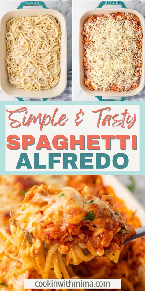 Layered Baked Spaghetti, Easy Spaghetti Alfredo Recipes, Spaghetti With Alfredo And Meat Sauce, Spaghetti Bake With Alfredo And Marinara, Baked Spaghetti With Alfredo And Marinara Sauce, Easy Pasta Recipes Without Meat, Marinara Alfredo Pasta Bake, Chicken Spaghetti With Marinara Sauce, Million Dollar Spaghetti Alfredo