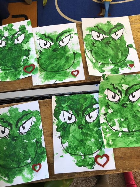 Peek Christmas Craft, How The Grinch Stole Christmas Activities Preschool, The Grinch Preschool Crafts, Tree Rex Christmas, Christmas Prek Art, Christmas Craft 2 Yo, Preschool Christmas Painting, Grinch Handprint Craft For Kids, Preschool Christmas Canvas Art