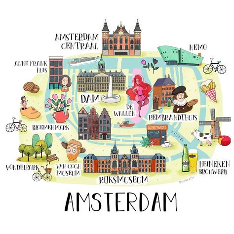 I made an illustrated mini map of Amsterdam 🌷 Amsterdam Map Illustration, Voyage Sketchbook, Map Of Amsterdam, Amsterdam Map, Map Illustrations, Amsterdam Red Light District, Amsterdam Trip, Travel Sketchbook, Illustrated Maps