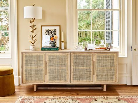 Micaela Cane Sideboard, White Wash Mango | One Kings Lane Decorative Storage Cabinets, Rattan Sideboard, Entryway Cabinet, Rattan Material, Side Board, Accent Doors, Sideboard Furniture, Cabinet Furniture, Particle Board