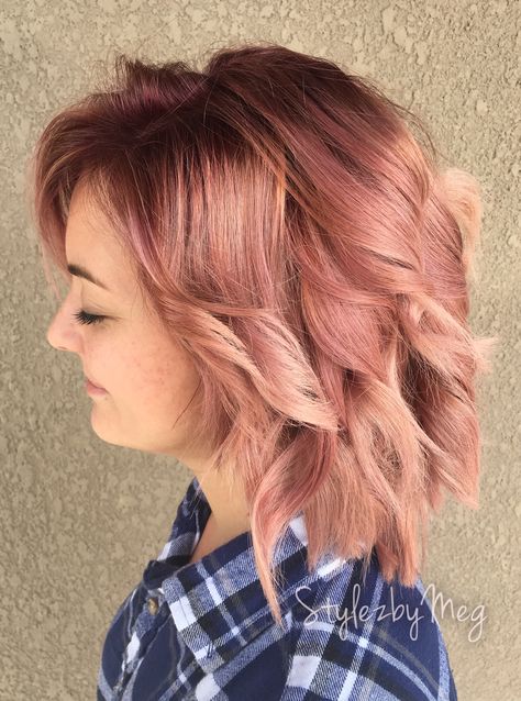 Rose gold hair with root shadow!  Guy tangs rose gold Rose Gold Hair With Dark Roots, Rose Gold Hair With Shadow Roots, Rose Gold Hair Shadow Root, Rose Gold With Shadow Root, Brown Root Pink Hair, Rose Gold Blonde Medium Length Hair, Hair Fails, Hair Color Rose Gold, Hair Shadow