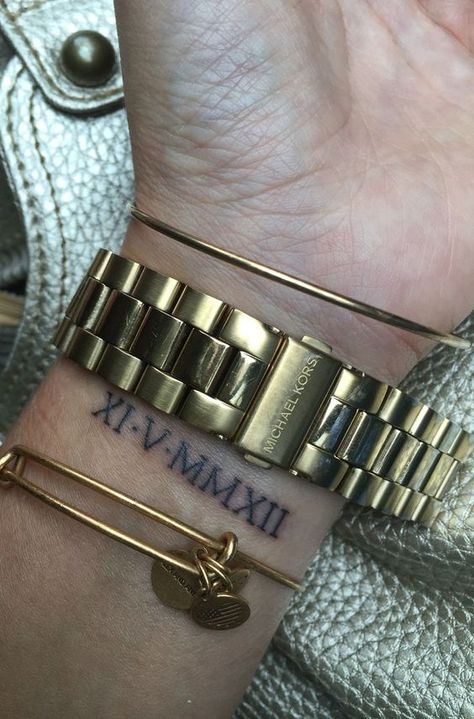 Roman Numeral Wrist Tattoo, Wedding Date Tattoos, Faith Tattoo On Wrist, Roman Tattoo, Roman Numeral Tattoo, Numeral Tattoo, Inner Arm Tattoos, Roman Numeral Tattoos, Armband Tattoos