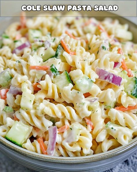 Creamy Coleslaw Pasta Salad – Foodyhealthylife Pasta Salad Hawaiian, Pasta Salad With Coleslaw, Salad With Coleslaw, Coleslaw Pasta Salad, Coleslaw Pasta, Pasta With Mayonnaise, Creamy Pasta Salad, Veggie Skillet, Creamy Pasta Salads