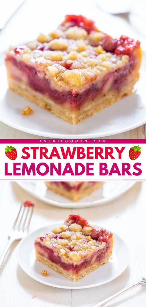 A lemon strawberry bar recipe for your summer dessert ideas! These easy strawberry lemonade bars are also the perfect spring baked good. With the perfect marriage of lemon bars and strawberry pie, this strawberry lemon dessert tastes like your favorite drink! Strawberry Lemon Bars, Strawberry Lemon Blondies, Summer Dessert Ideas, Lemonade Bars, Lemon Blondies, Easy Strawberry Lemonade, Easy Strawberry Desserts, Strawberry Bars, Lemonade Bar