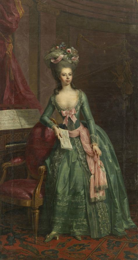 1780 - Landgräfin Juliane von Hessen Kassel Philipstahl, Fürstin zu Schaumburg-Lippe 1780s Fashion, Gown Details, 18th Century Portraits, Holding A Book, 18th Century Women, 18th Century Dress, 18th Century Paintings, Rococo Fashion, 18th Century Costume