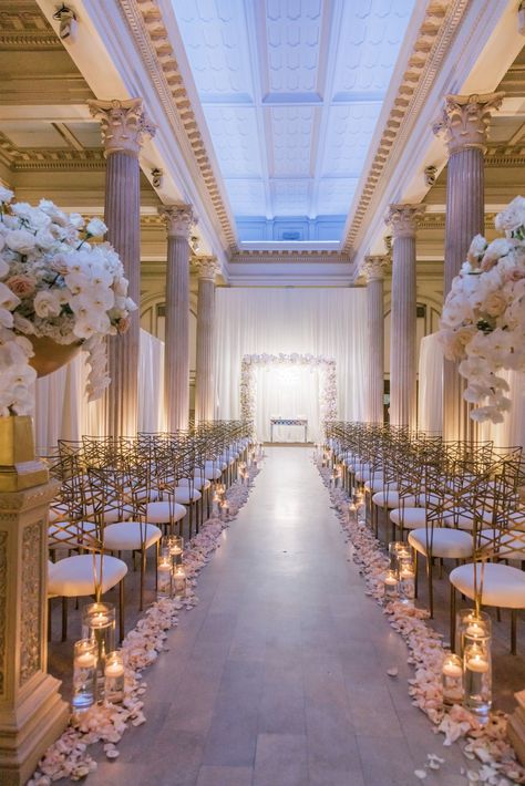 Venue Decorations Wedding, Ballroom Ceremony Wedding, Wedding Ceremony Luxury, Wedding Decor Elegant Romantic, Romantic Aisle Decor, Luxury Wedding Aisle Indoor, Wedding Ideas Glamorous, Fancy Wedding Ceremony, Dream Wedding Indoor