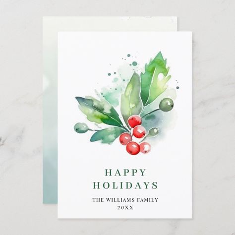 Elegant Watercolor Holly Berry Christmas Greeting Holiday Card Watercolor Holly, Happy Holidays Greetings, Watercolor Holiday Cards, Christmas Berries, Business Holiday Cards, Christmas Cards Zazzle, Elegant Watercolor, Merry Christmas Greetings, Watercolor Christmas Cards