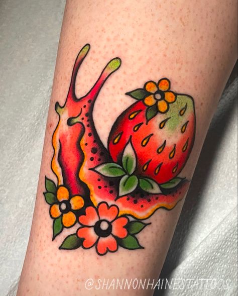 Snail And Mushroom Tattoo, Traditional Snail Tattoo, Traditional Mushroom Tattoo, Carrot Tattoo, Snail Tattoo, Strawberry Tattoo, Mushroom Tattoo, Mushroom Tattoos, Awesome Tattoo