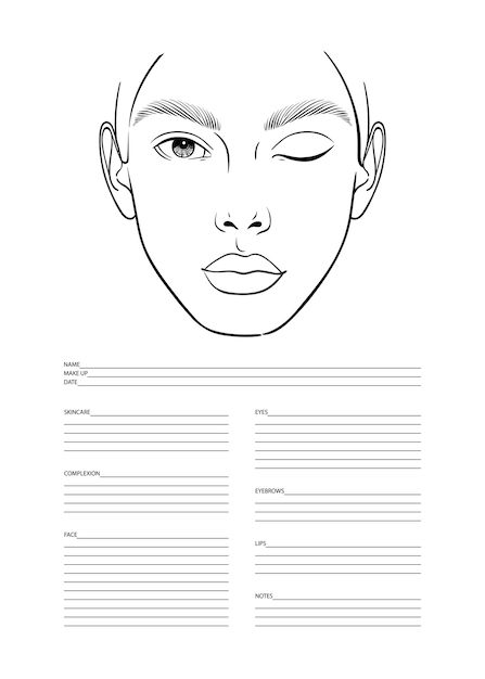 Makeup artist blank template. face chart... | Premium Vector #Freepik #vector #makeup-artist #girl-sketch #face-makeup #woman-lips Makeup Charts Face Blank, Face Chart Makeup Blank Templates, Make Up Template Face, Face Chart Template, Face Template Makeup, Makeup Chart, Face Chart Makeup, Makeup Template, Theater Makeup