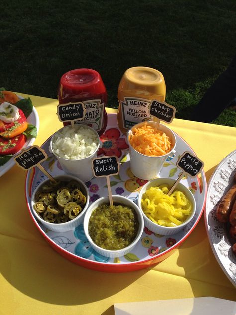 Bonfire Hot Dog Bar, Hot Dog Condiment Bar, Halloween Hot Dog Bar, Hot Dog Condiments, Hot Diggity Dog Bar Ideas, Burger And Hot Dog Bar Party Ideas, Hot Dog Toppings Bar, Hot Dog Picnic, Bar Condiments