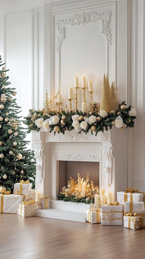 Modern white fireplace adorned with gold, greenery, candles, and white roses; Christmas tree and presents in soft lighting. White Christmas Mantle Ideas, Modern White Fireplace, Cozy Christmas Mantle, White Christmas Mantle, Holiday Fireplace Decor, Mantle Decorating Ideas, Fireplace Display, Symmetrical Composition, White Stone Fireplaces