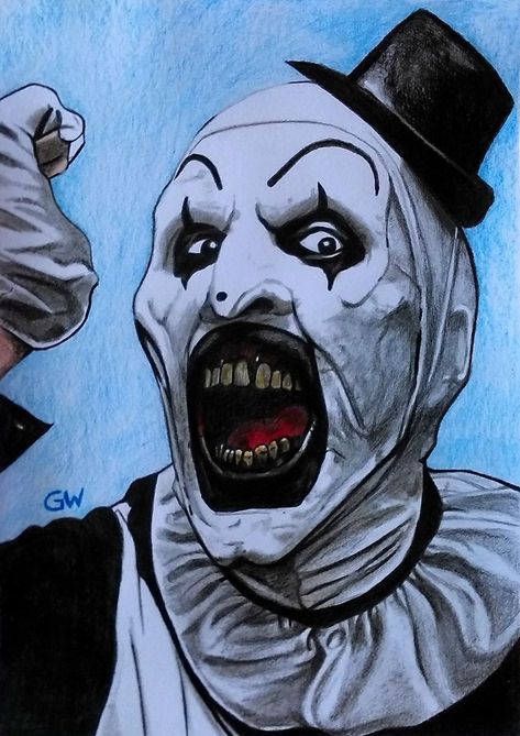 Horror Movie Icons Art, Art The Clown Terrifier Painting, Clown Horror Art, Horror Film Drawings, Art The Clown Sketch, Art The Clown Drawing Sketch, Horror Movie Drawing Ideas, Terrifier Sketch, Art The Clown Painting