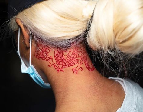 Red Dragon Neck Tattoo Design Dragon Neck Tattoo For Women, Dragon Behind Ear Tattoo, Red Dragon Tattoo Design, Japanese Tattoos Women, Tattoo Outline Ideas, Red Neck Tattoos, Dragon Neck Tattoo, Dragon Tattoo Neck, Dragon Tattoo Outline