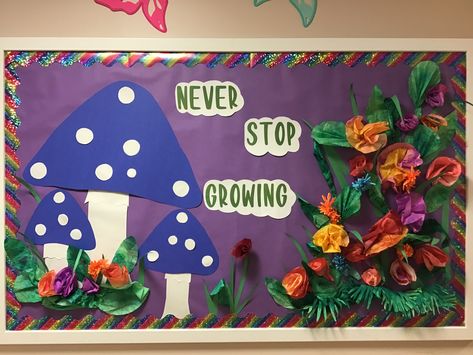 Fairytale Classroom Decorations, Enchanted Forest Bulletin Board, Mushroom Classroom Decoration, Mushroom Bulletin Board, Fairy Classroom Theme, Fairytale Classroom Theme, Greenhouse Classroom, Fairy Tale Classroom Theme, Enchanted Forest Classroom