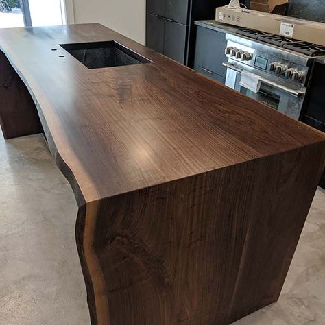 Walnut Waterfall Island, Live Edge Waterfall Island, Walnut Countertop Island, Live Edge Island Kitchen, Waterfall Wood Countertop, Black Walnut Island, Walnut Island Countertop, Black Walnut Countertop, Wood Slab Countertop