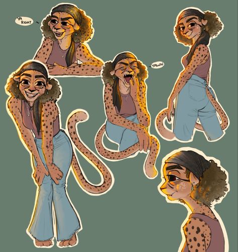 A character sheet for a cheetah character based off of me, a girl with short brown curly hair. Human Animal Character Design, Human Animal Hybrid Drawing Reference, Animal As Human Art, Animal Ocs Human, Hybrids Human, Human Animal Hybrid Character Design, Cat Human Hybrid Character Design, Leopard Oc Human, Human Cat Hybrid