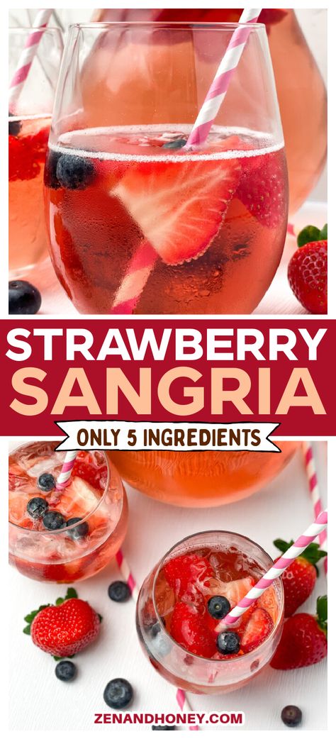 Strawberry Sangria - is a refreshing and fizzy summer drink made of Rosé, strawberry liqueur, sweet white wine and fresh strawberries. It’s so easy to make and ready in minutes so try this Strawberry Sangria this summer! Sangria Vodka Recipe, Sweet Sangria Recipe, Wine Punch Recipes, Strawberry Peach Sangria, Lemonade Sangria, Summer Sangria Recipes, White Wine Sangria Recipe, Sparkling Sangria, White Sangria Recipe