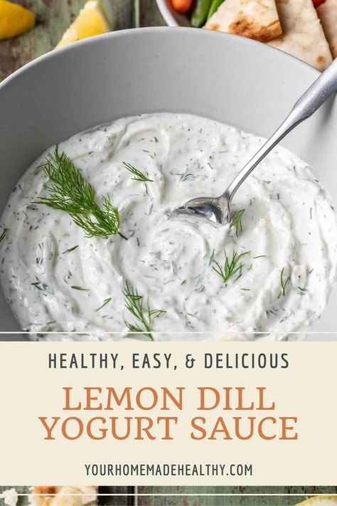 This simple Lemon Dill Yogurt Sauce is made thick and creamy with Greek yogurt and seasoned with fresh herbs. Once you make yogurt sauce at home, you'll never buy store bought again. Have this tangy staple ready to smother on chicken or dip in pita in just 10 minutes! Dill Yogurt Sauce, Easy Tzatziki, Yogurt Dill Sauce, Yogurt Dipping Sauce, Cucumber Dip, Garlic Yogurt, Greek Yogurt Sauce, Lemon Dill Sauce, Greek Yogurt Dips