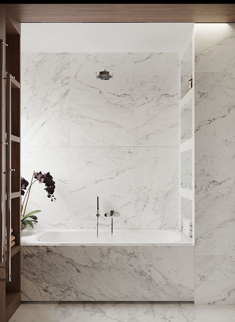 Bathroom Built In Bathtub, Bookmatched Marble Bathroom, Quartz Bathtub Surround, Marble Bathtub Surround, Statuario Marble Bathroom, Calcutta Bathroom, Marble Tub Surround, Parisian Bathroom, White Marble Bathroom