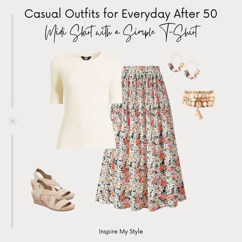 This floral midi skirt paired with a simple T-shirt is a cute outfit for women over 50 that’s both feminine and effortless. Ideal for casual outfits for everyday, this combination is perfect for aging gracefully. Classic Fashion Looks, Tailored Jeans, Stylish Outfits For Women Over 50, Curated Outfit, Midi Skirt Outfit, Outfit For Women, Personal Style Inspiration, Simple T Shirt, Simple Tshirt