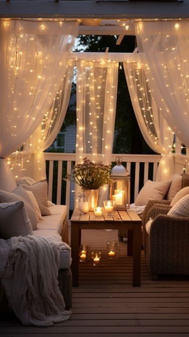 26 Outdoor Patio Lights 2024: Enchanting Trends to Brighten Your Space - placeideal.com Patio Twinkly Lights, Apartment Patio Lighting Ideas, Fairy Lights On Ceiling Patio, Color Changing Patio Lights, Lights And Curtains, Fairy Lights Patio, Fairy Lights Aesthetic Outdoor, Lights Patio, Backyard Dining