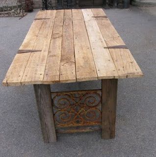 TABLE FROM RECLAIMED BARNDOOR | Custom Rustic Farm Table made from a Barn Door & Salvaged Window ... Door Tables, Barn Door Tables, Window Guards, Rustic Farm Table, Diy Tables, Dinning Tables, Old Barn Doors, Door Table, Furniture Building