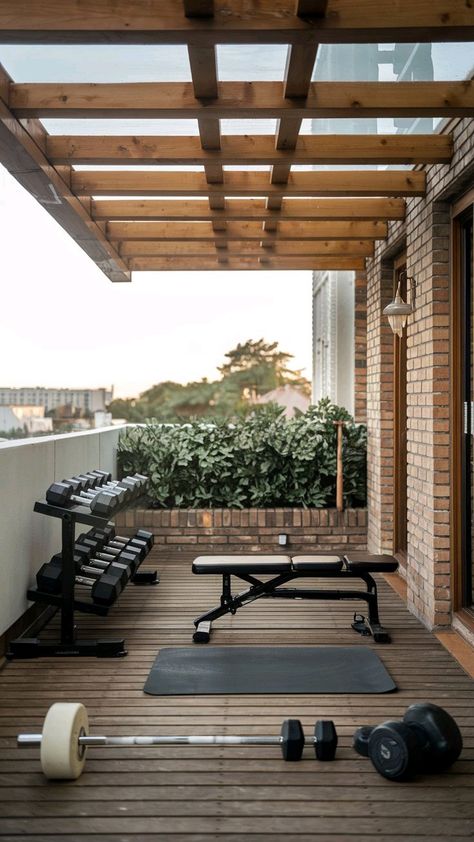 Create your dream workout space right on your balcony! This home gym setup is ideal for apartment living, providing fresh air and an efficient workout space with minimal equipment. Perfect for those who love to train without leaving home.  Home Gym Design | Commercial Gym Design | Layout & Planning | Garage Gym Ideas | Best Home Gyms | Interior Design | Exercise Equipment | Strength Training | Yoga Room | Pilates | Cardio Workouts | Health and Fitness |AI made Home Gym #HomeGym #homegymideas  #CompactWorkout Gym Balcony Ideas, Balcony Gym Ideas Apartment, Balcony Gym Ideas, Balcony Gym, Pilates Cardio Workout, Commercial Gym Design, Home Gym Machine, Pilates Cardio, Home Gym Inspiration