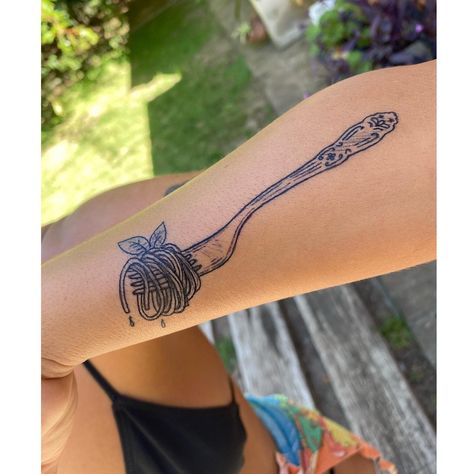 Spaghetti And Meatball Tattoo, Spaghetti Tattoo Ideas, Fork Spaghetti Tattoo, Pasta Fork Tattoo, Bowl Of Spaghetti Tattoo, Meatball Tattoo, Ravioli Tattoo, Pasta Tattoo Ideas, Cooking Tattoo Ideas